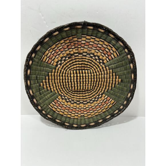 Antique Old Hopi Indian Hand Woven Colorful Wicker Basket Bowl Plaque Plate 13”